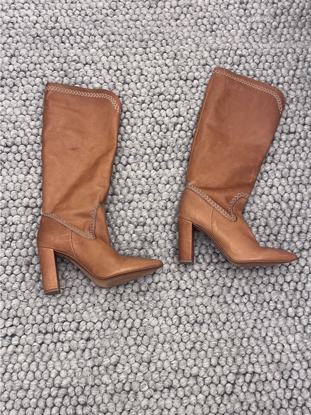 Brand New Anthropologie Tan Leather Pointed-Toe Mid-Calf Heeled Boots - Picture 2 of 5